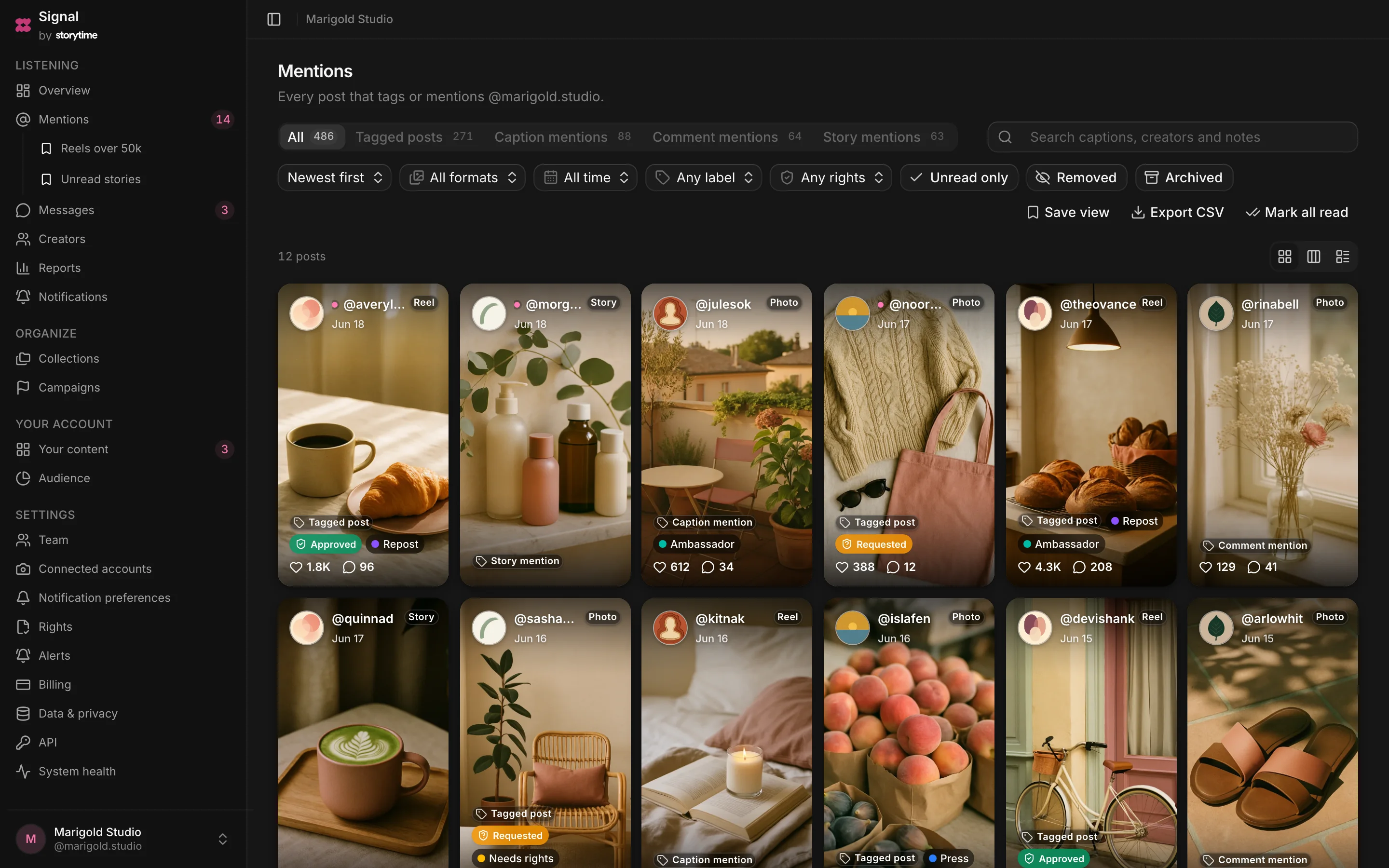 Signal Mentions: tabs counting each kind of mention, filter controls, and a grid of nine-by-sixteen post cards with the creator, format and engagement on each.