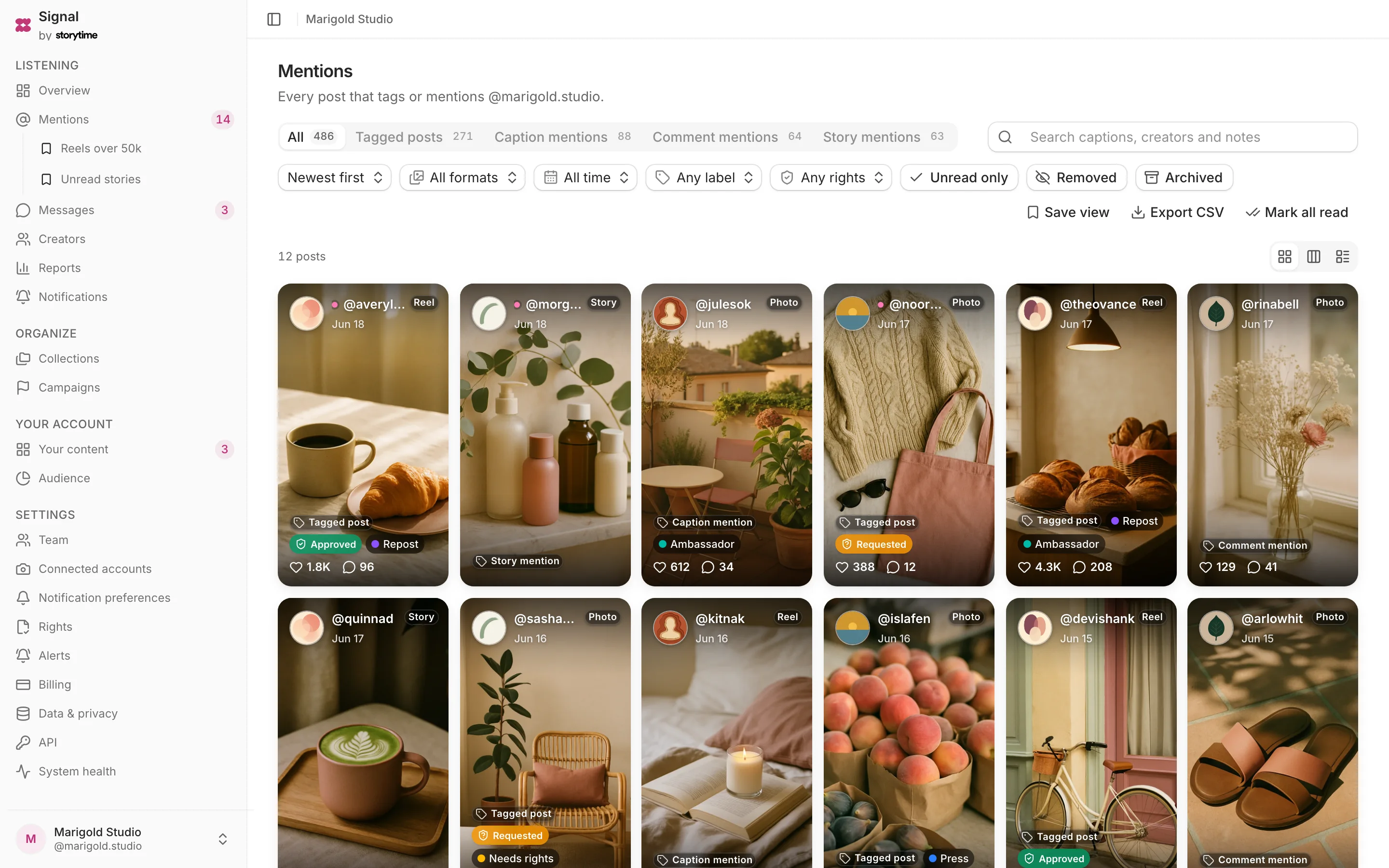 Signal Mentions: tabs counting each kind of mention, filter controls, and a grid of nine-by-sixteen post cards with the creator, format and engagement on each.