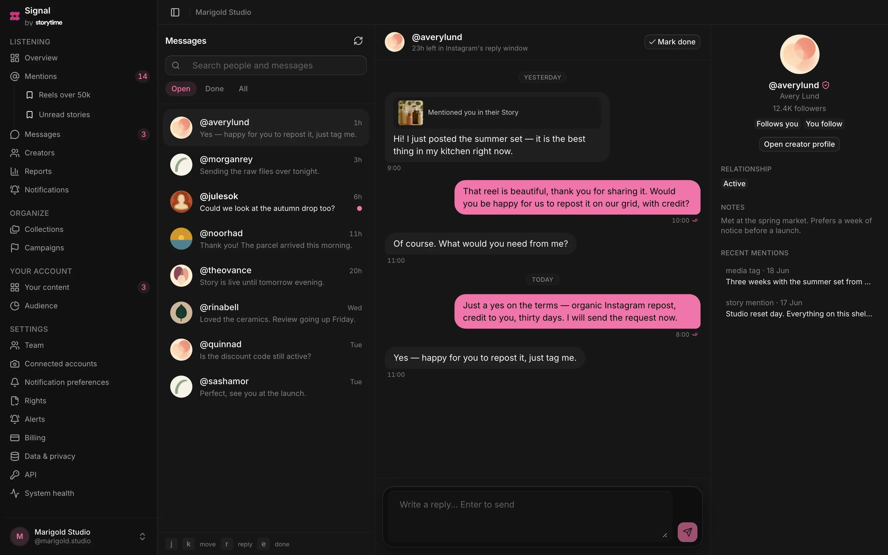 The Signal message inbox: a list of threads on the left, an open conversation in the middle with the hours left in the reply window above it, and the creator’s profile and recent mentions on the right.