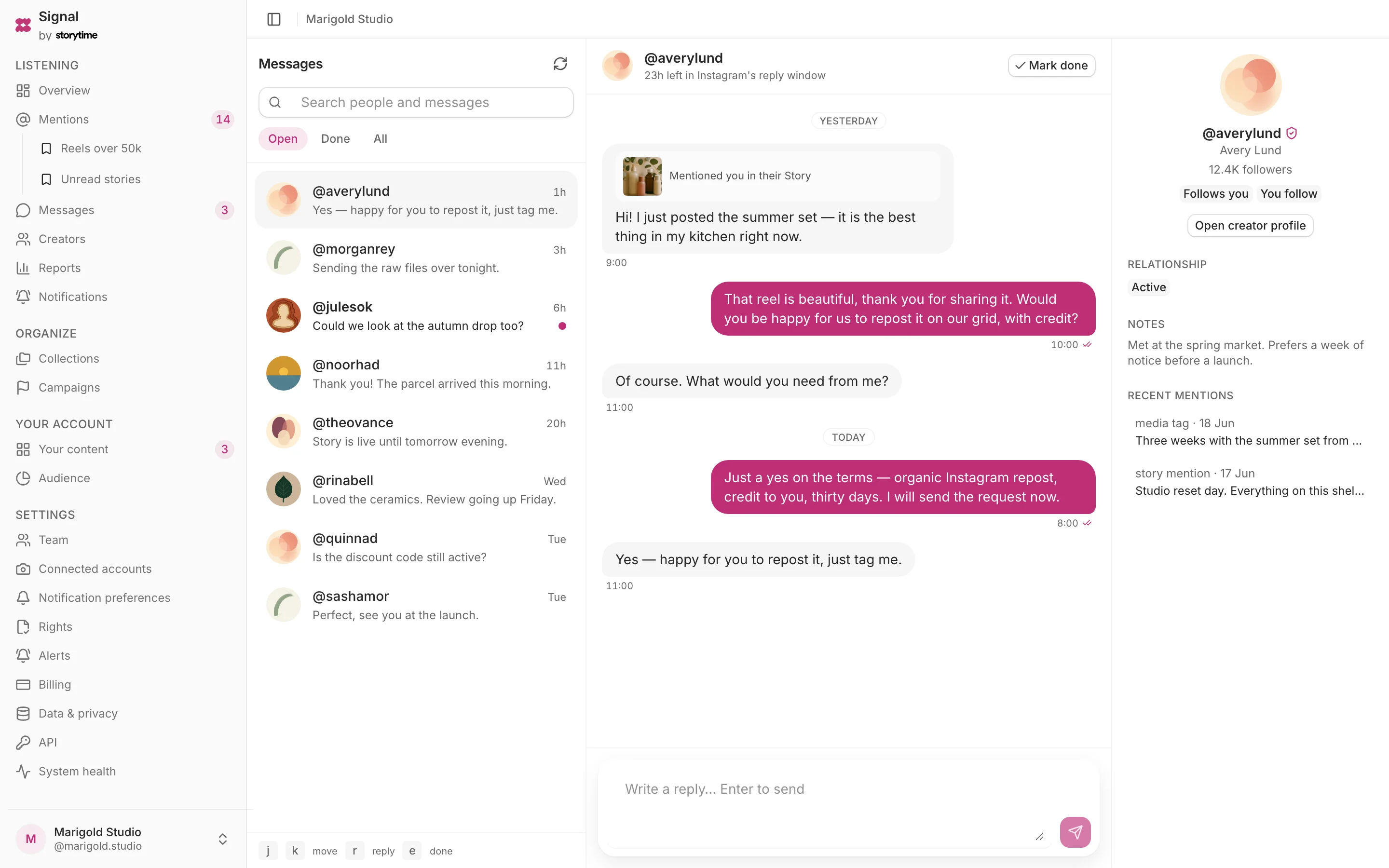 The Signal message inbox: a list of threads on the left, an open conversation in the middle with the hours left in the reply window above it, and the creator’s profile and recent mentions on the right.