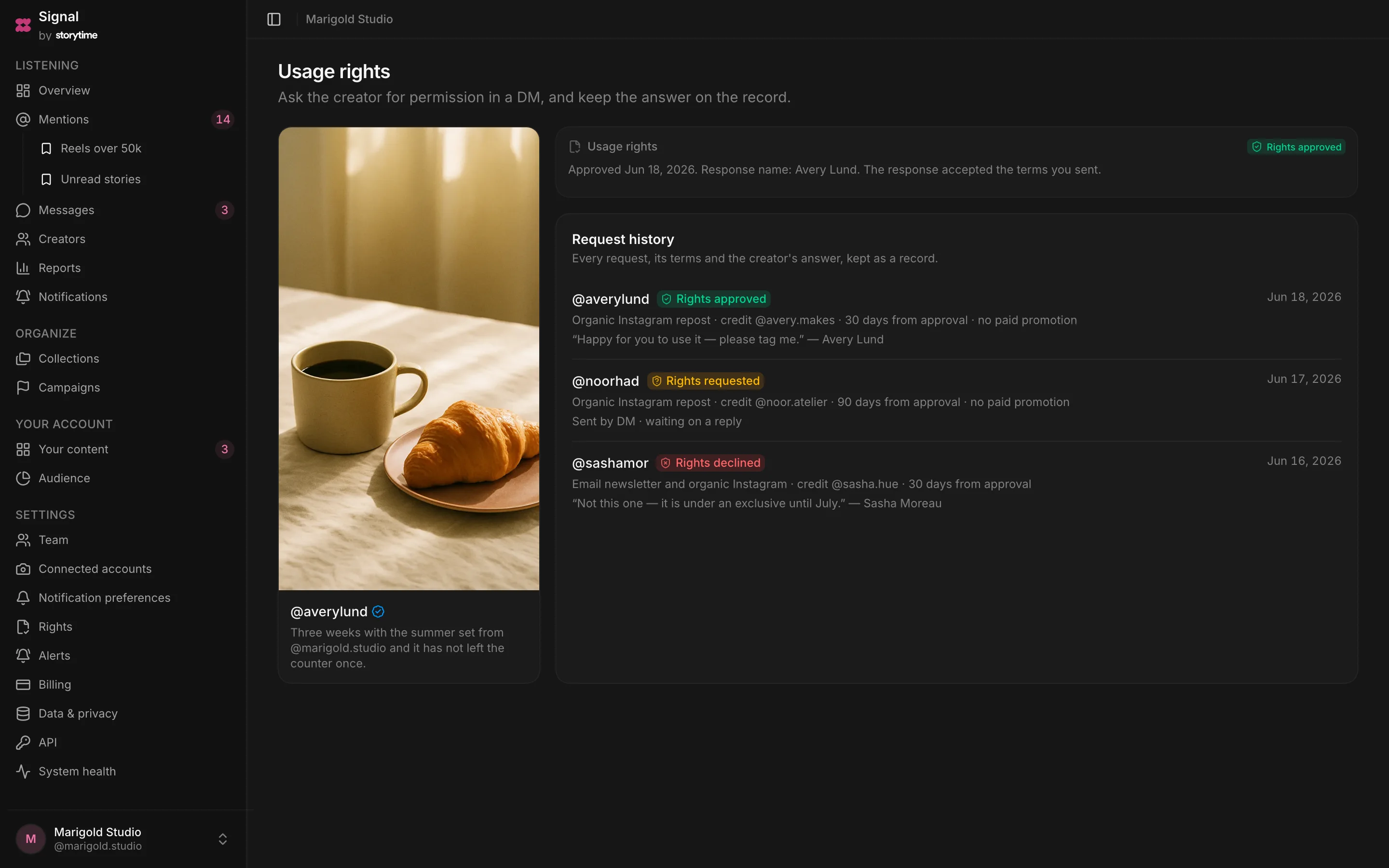 The usage-rights screen: the post on the left, an approved rights panel at the top right, and a request history listing an approved, a pending and a declined request with the exact terms each creator saw.