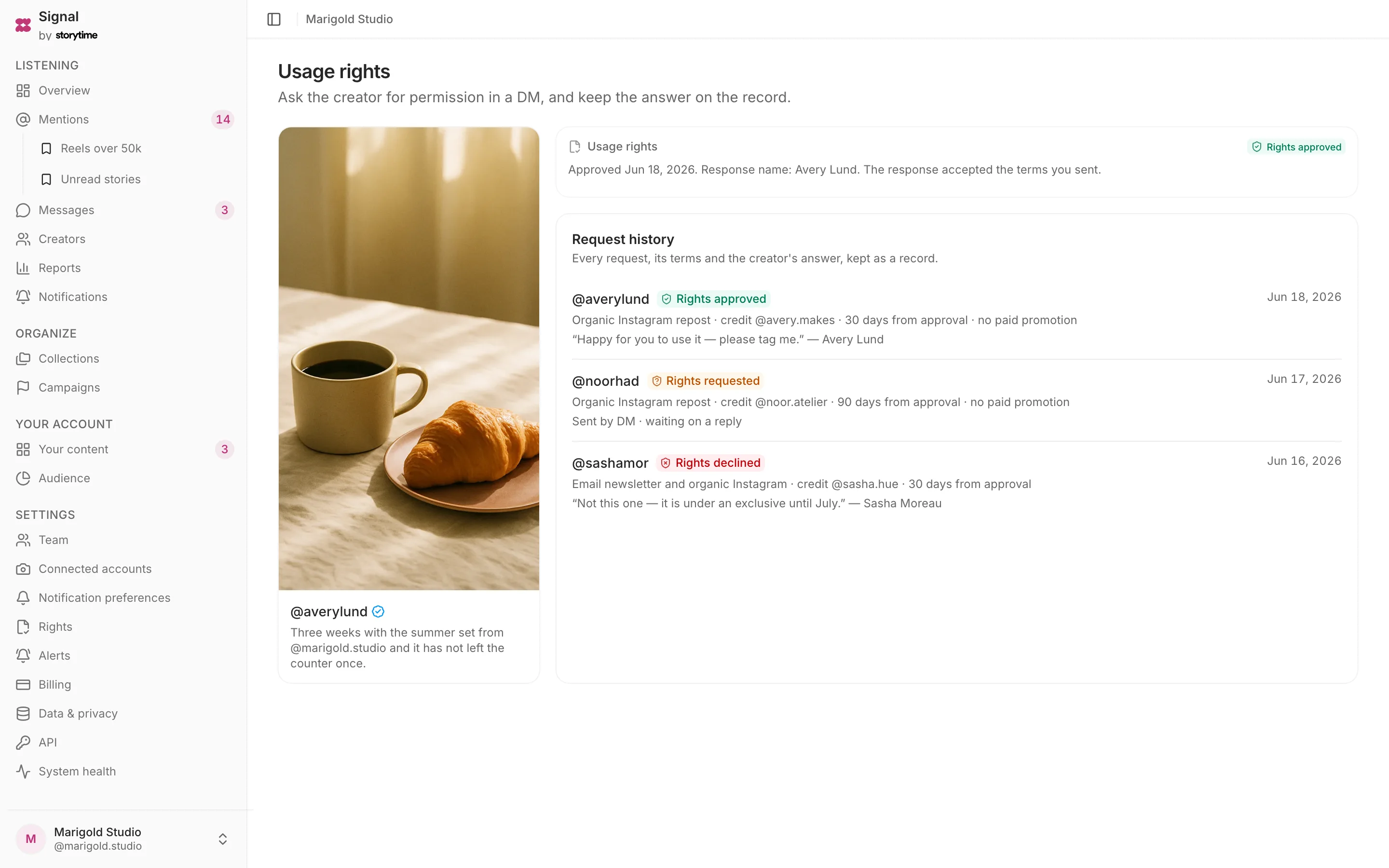The usage-rights screen: the post on the left, an approved rights panel at the top right, and a request history listing an approved, a pending and a declined request with the exact terms each creator saw.